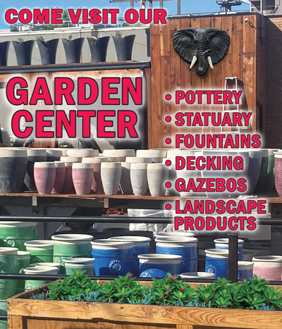 Come visit our Garden Center with pottery, statuary, fountains, decking, gazebos, and landscape products
