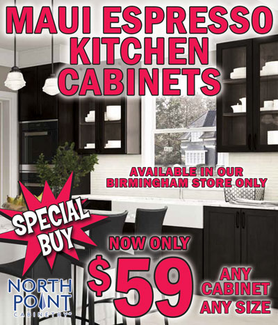 Special Buy NorthPoint Maui Espresso Kitchen Cabinets $59, any cabinet, any size, available in our Birmingham store only