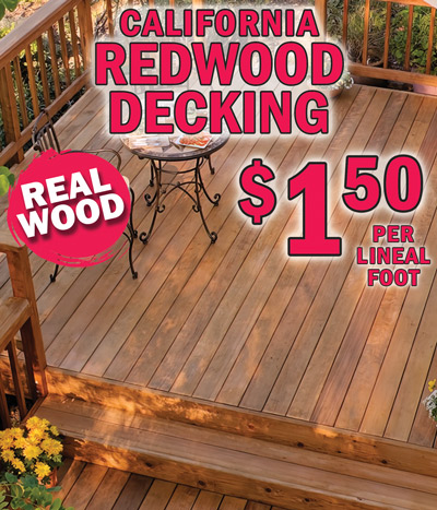 California Redwood Decking $1.50 per lineal foot, real wood