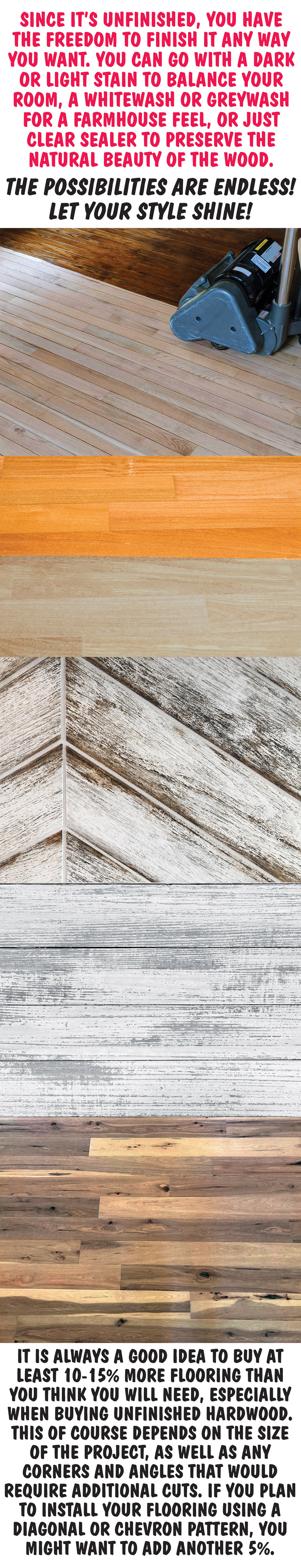 Grand Opening Special Three quarter inch solid unfinished utility hardwood flooring 49 cents to 88 cents a square foot. 2 and a quarter inch wide Oak 49 cents a square foot. 3 inch, 3 and a quarter inch, 4 inch, 5 inch, and 6 inch widths in Oak and Hickory 88 cents a square foot, sold by the pallet only, approximately 700 square feet per pallet. These prices good only in our Birmingham store. Item numbers 2 and a quarter inch oak item number 214UNF, 3 and a quarter inch oak item number 314UNF, 4 inch oak item number 4OAK, 5 inch oak item number OAK5, 6 inch oak item number 6OAK, 3” inch hickory item number HICK3, and 4” inch hickory item number HICK4. Unfinished Hardwood Flooring has the character of color variation, texture from knots, and a more rustic look than prefinished flooring. Every piece has a unique look to it. It is solid wood flooring with a lower price tag than most prefinished hardwood flooring.