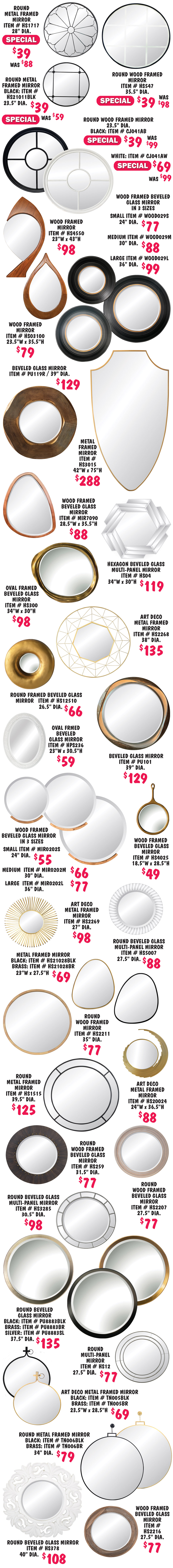 Round Mirrors plus Oval Mirrors, and unusual shapes $39 to $288, many with beveled glass, up to 75” tall, styles, sizes, and colors may vary by store.
