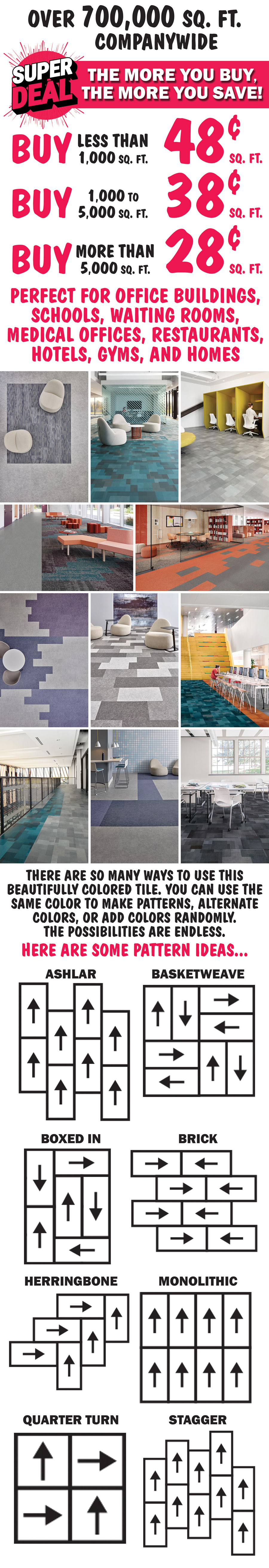 Special Buy Shaw L V T and L V P Flooring luxury vinyl plank and luxury vinyl tile 28 cents to 48 cents a square foot, compare online for $1.39 to $2.99 a square foot, commercial or residential. 6 inch by 24 inch plank, 6 inch by 48 inch plank, 12 inch by 24 inch plank, and 24 inch by 24 inch tile, all first quality with a 15 year warranty. Made in the U S A.