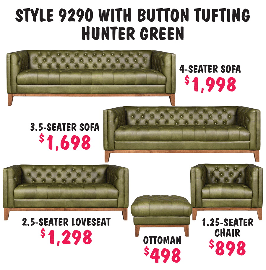100 percent top grain Italian leather furniture, sofas, loveseats, chairs, ottomans, bar and counter height stools, available in 9 colors – hunter green, oxblood, vintage black, saba tee pee, vintage grey, vintage blue, vintage tan, vintage light grey, and vintage mocha. This lived-in top grain leather furniture is made to last a lifetime, acquiring a patina over time and becoming even more beautiful with age. Colors and styles may vary by store. Special BOGO on 4 colors only vintage light grey, vintage blue, vintage grey, and oxblood, no exceptions, sorry. Buy one piece at regular price, get a second piece of equal or lesser value for $99, any style including 4 and a half and 4 seater sofas. Hurry in for best selection. First come, first sold until they’re gone! BOGO only goo on vintage light grey, vintage blue, vintage grey, and oxblood, no exceptions, sorry. Colors and styles may vary by store.