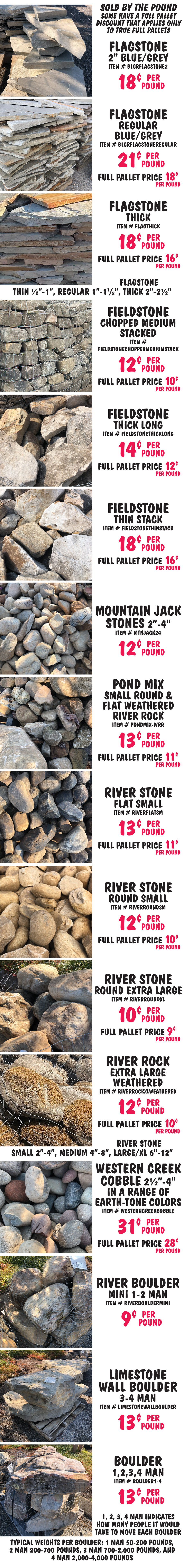 Landscape Stone, available in 6 stores only, Birmingham, Chattanooga, Greenville, Huntsville, Knoxville, and Nashville, some stores offer a larger variety than others, and variety will vary by store. Ask your store for details. Nothing beats natural stone in your garden! Great for stone paths, patios, retaining walls, water features, fire pits, flower bed borders, and more. Flagstone and fieldstone are perfect for walkways and paths. And we offer different types of wall stone in a variety of sizes, from small river rocks to large boulders. Sold by the pound, some stones have a full pallet discount that applies only to true full pallets.