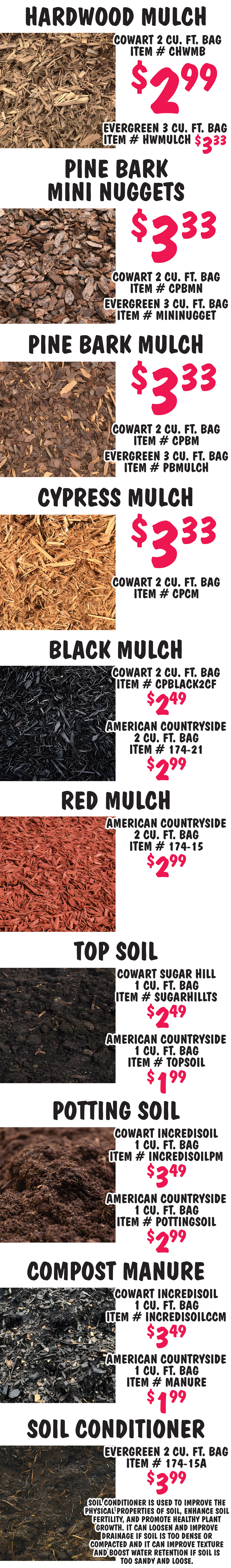 Mulch and Bagged Rock available in our Birmingham, Chattanooga, Huntsville, Knoxville, and Nashville stores only. We buy our mulch and bagged rock products from a variety of sources so the brands and prices may vary from store to store. Check with your store for brands and prices.