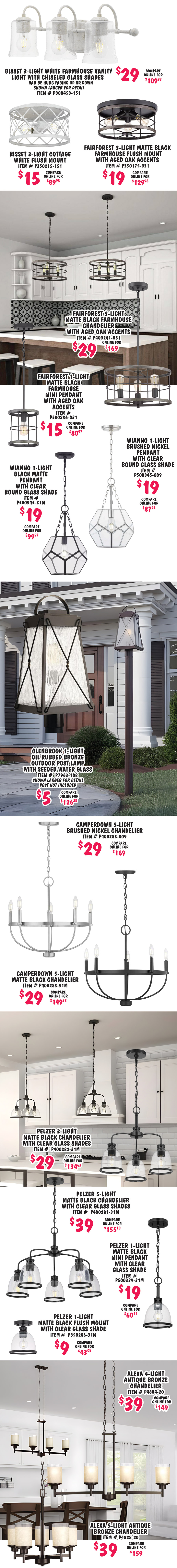 Special Buy Progress Lighting Chandeliers and Pendants plus Bathroom Vanity Lights, Spotlights, Outdoor Lights, and Flush Mount Lights $5 to $79, compare online for $19.96 to $249. Styles may vary by store. L E D 1 light white flush mount $8, compare online for $24.98, item number P810002 dash 030 dash 30. Bisset 4 light white coastal chandelier, super deal $8, compare online for $179.98, item number P400288 dash 151. Bisset 5 light white coastal chandelier, super deal $8, compare online for $189.98, item number P400289 dash 151. Foxcroft 4 light antique nickel chandelier $39, compare online for $160, item number 8006HDCAN. Foxcroft 3 light antique nickel chandelier $29, compare online for $145, item number 8005HDCAN. Foxcroft 3 light antique nickel chandelier $39, compare online for $110, item number 8008HDCAN. Pacolet 4 light textured black chandelier $39, compare online for $175.49, item number P400236 dash 031. Pacolet 3 light textured black flush mount $19, compare online for $99, item number P350176 dash 031. Pacolet 5 light textured black farmhouse chandelier $29, compare online for $125.59, item number P400233 dash 031. Impress 1 light white industrial dome pendant $19, compare online for $88.96, item number P500249 dash 030. Jocassee 1 light matte black with rattan shade pendant $19, compare online for $62.64, item number P500337 dash 31M. Survey 1 light brushed nickel mini pendant $19, compare online for $53.29, item number 7981HDCBN. Inman 5 light polished nickel pendant $39, compare online for $191.79, item number P500131 dash 104. Inman 1 light polished nickel mini pendant $19, compare online for $45.14, item number P500110 dash 104. Fallridge 4 light matte black pendant $19, compare online for $147.50, item number P500375 dash 31M. Renfrow 1 light polished chrome mini pendant $19, compare online for $63, item number P500127 dash 015. Home Decorators 1 light gilded pewter L E D mini pendant $19, compare online for $64.89, item number 7930HDCGP. Brant Point 1 light polished nickel matte white pendant $19, compare online for $101.22, item number P500347 dash 104. Evanna 4 light brushed nickel pendant $19, compare online for $69.98, item number P500426 dash 009. Mitchella 1 light vintage brass pendant $29, compare online for $129, item number P500349 dash 163. Somstreet 3 light graphite pendant $19, compare online for $109.50, item number P500354 dash 143. Alimason 4 light textured black pendant $19, compare online for $101.22, item number P500301 dash 031. Hartnett 3 light matte black vanity light, $19, compare online for $60.52, item number P300336 dash 31M, can be hung facing up or down. Keowee 2 light artisan iron with distressed elm wood accents semi flush mount $29, compare online for $115.64, item number P350138 dash 148.