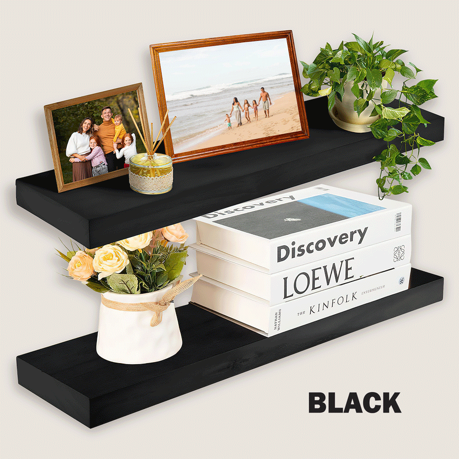 Speicial Buy Imperative Décor 36 inch Floating Wall Shelves our price $29 for a 2 pack, compare online for $55.99, item number FLWWA362PK, 36 inches long by 6 and a half inches wide by 1 and a half inches thick, 5 colors black, dark walnut, light walnut, grey, and unfinished, colors may vary by store.
