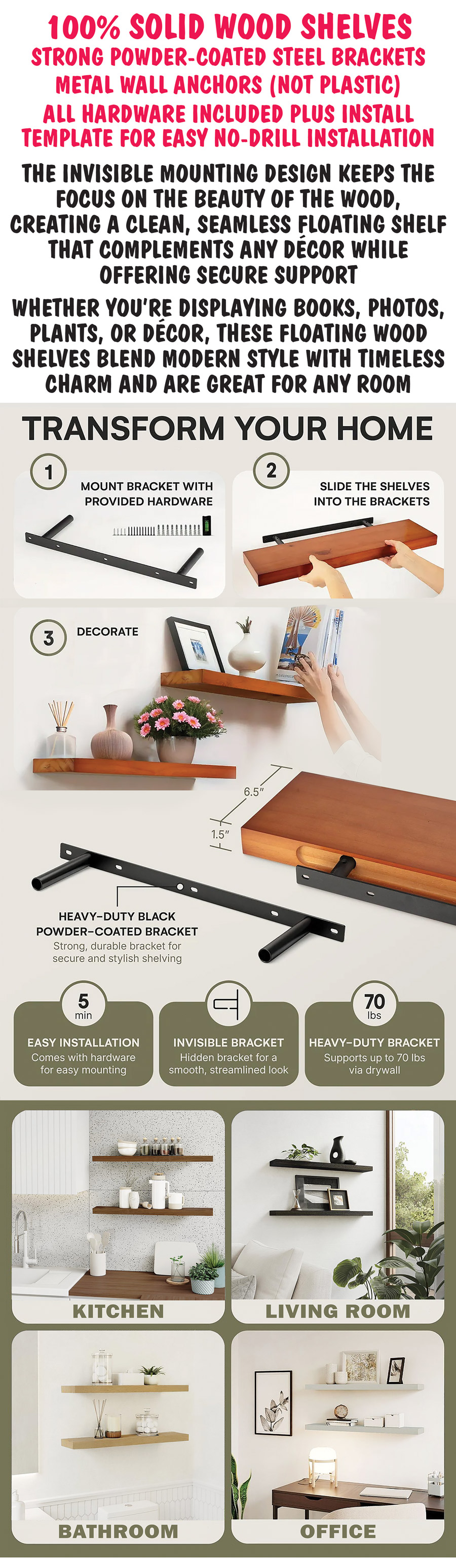 Speicial Buy Imperative Décor 36 inch Floating Wall Shelves our price $29 for a 2 pack, compare online for $55.99, item number FLWWA362PK, 36 inches long by 6 and a half inches wide by 1 and a half inches thick, 5 colors black, dark walnut, light walnut, grey, and unfinished, colors may vary by store.