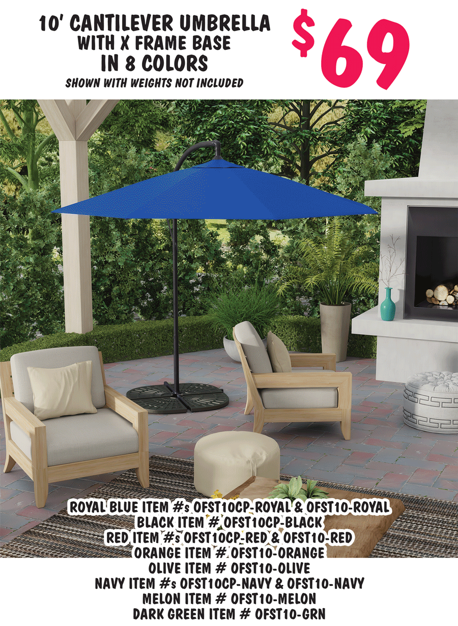 Special Bankruptcy Buy Patio Umbrellas, round, market, and cantilever styles, and umbrella stands, over 26,000 pieces to select from, over 3,000 Sunbrella 9 foot umbrellas for $79, compare online for $209 to $289 and up, styles, colors, and sizes may vary by store. 4 foot round umbrella in 6 colors $9, stands not included, ancient stone item number TP dash D dash 1376, fern shower item number TP dash D dash 3013, black item number TP dash D dash 3285, quilt blue item number TP dash D dash 4649, sun orange item number TP dash D dash 5434, and mindful mint item number TP dash D dash 6992. 9 foot market umbrella, some with tilt, in 7 styles $29, stands not included, white banana leaf item number TL8278011661LW, spring floral scalloped item number TL8278012411LW, dual polka dot item number TL8278012761LW, green blue stripe item number TL8278012881LW, black white stripe item number TP dash D dash 4528, melon item number TP dash m dash 3215, and  white blue stripe item number TSP8278SCT dash 0146001. Umbrella stands in 2 styles $29, bronze cast iron 19 inch diameter by 14 inches high, 22 pounds, item number 3PB dash RND dash BRO and dark bronze polystone 22 inch diameter by 14 inches high, 44 pounds, item number 3UB dash RPSB40. 10 foot by 6 and a half foot rectangle umbrella in 2 colors $29, stands not included, sage item number TP dash M dash 2452, turquoise item number TP dash M dash 6984. 10 foot cantilever umbrella with X frame base in 8 colors $69, shown with weights not included, brown green stripe item number 300 dash 6SC10 dash BROWNGREENSTRIPE, brown red stripe item number 300 dash 6SC10 dash BROWNREDSTRIPE, cream item number 300 dash 6SC10 dash CREAM, dark red item number 300 dash 6SC10 dash DARKRED, forest green item number 300 dash 6SC10 dash FORESTGREEN, navy item number 300 dash 6SC10 dash NAVY, orange item number 300 dash 6SC10 dash ORANGE, and royal blue item number 300 dash 6SC10 dash ROYALBLUE.