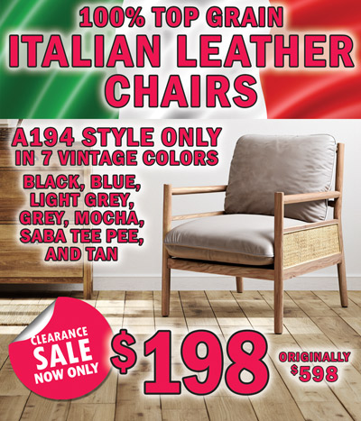 Clearance Sale 100 percent Top Grain Italian Leather Chairs now only $198, originally $598, A194 style only in 7 vintage colors black, blue, light grey, grey, mocha, saba tee pee, and tan