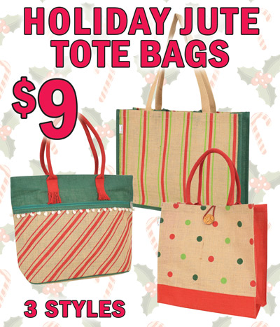 Holiday Jute Tote Bags $9, 3 styles