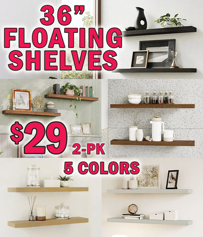Special Buy 36 inch Floating Shelves $29 2 pack, 5 colors